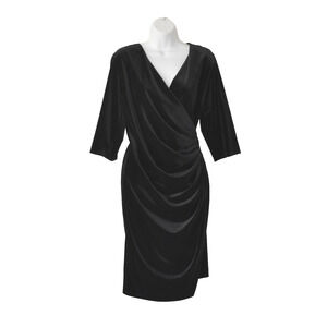 A5 Auth ANATOMIE Black Velvet Fake Wrap 3/4 Sleeve Ruched Cocktail Dress Size XL